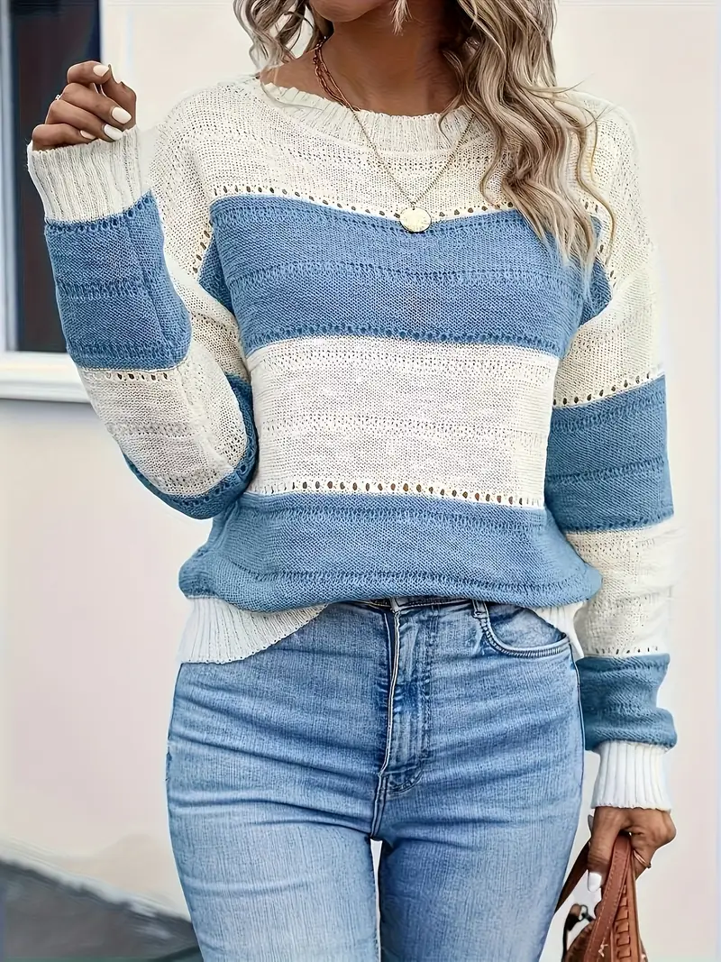 Pull Élégant Femme Blocs de Couleurs Blanc et Bleu